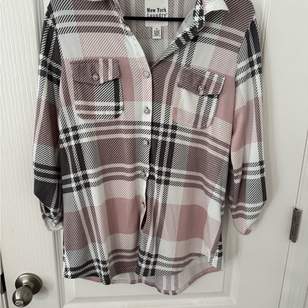 New York Laundry Plaid Button Down Shirt - Pink and Black